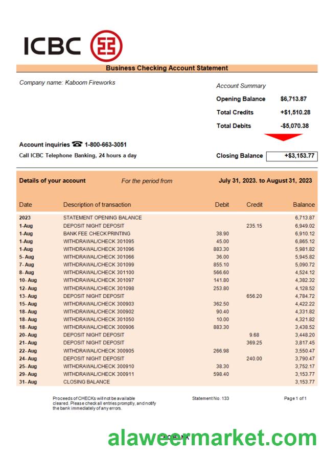 ICBC bank business checking account statement Word and PDF template